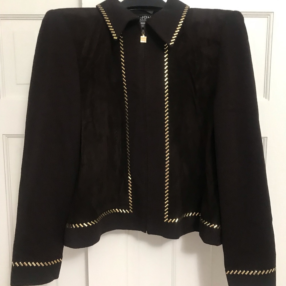St. John knit brown jacket with embellished gold trim studs- worn once.